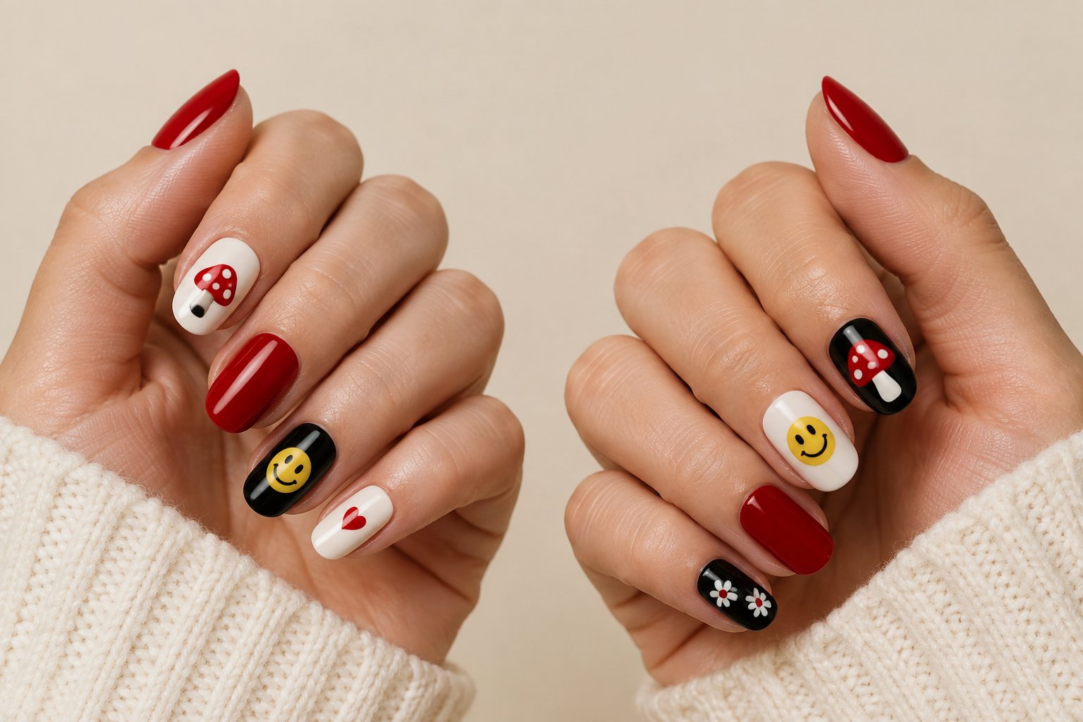 Hands display red mushroom and smiley-face nail designs.