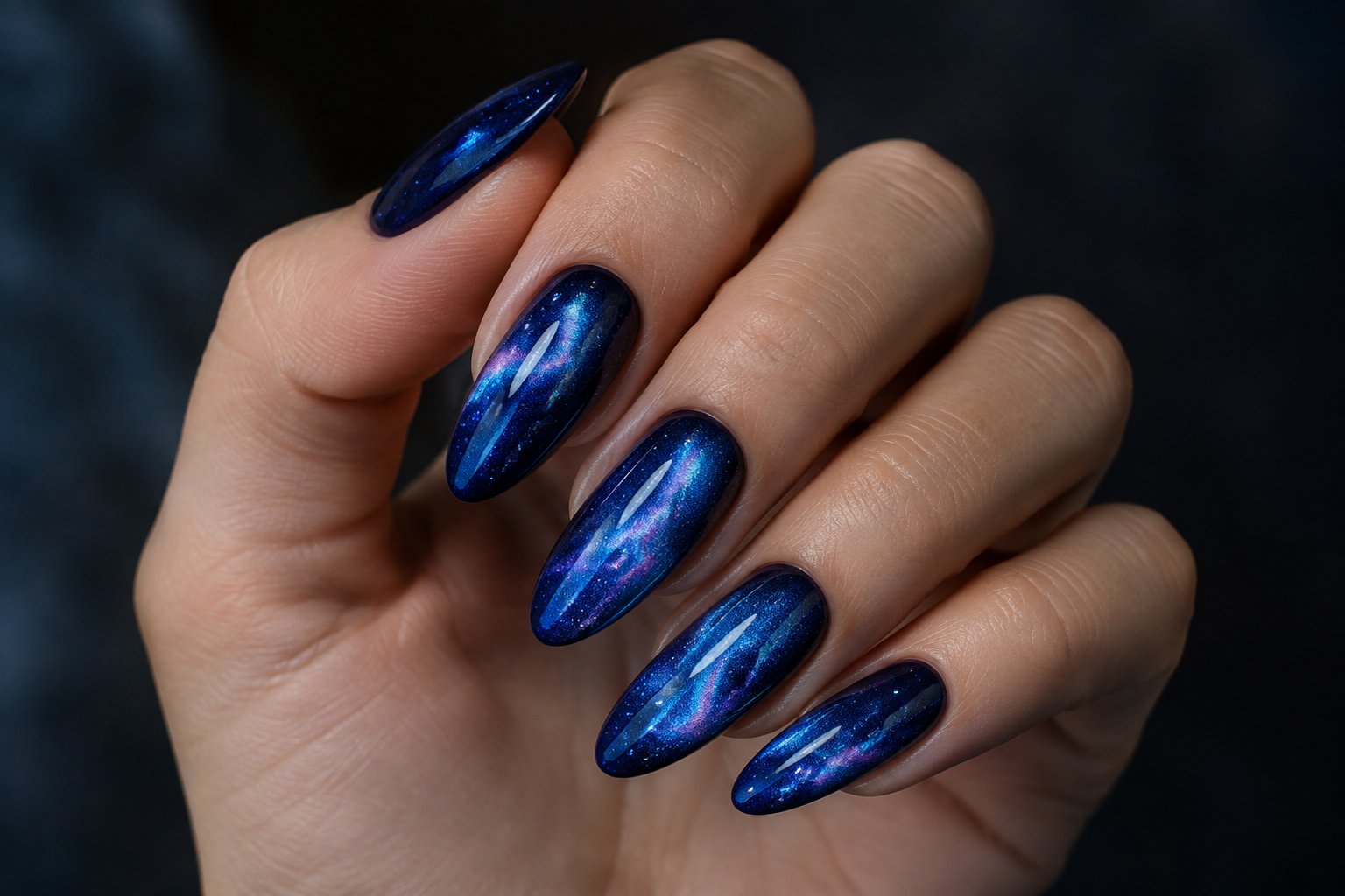 A hand displaying long blue nails with a galaxy design.