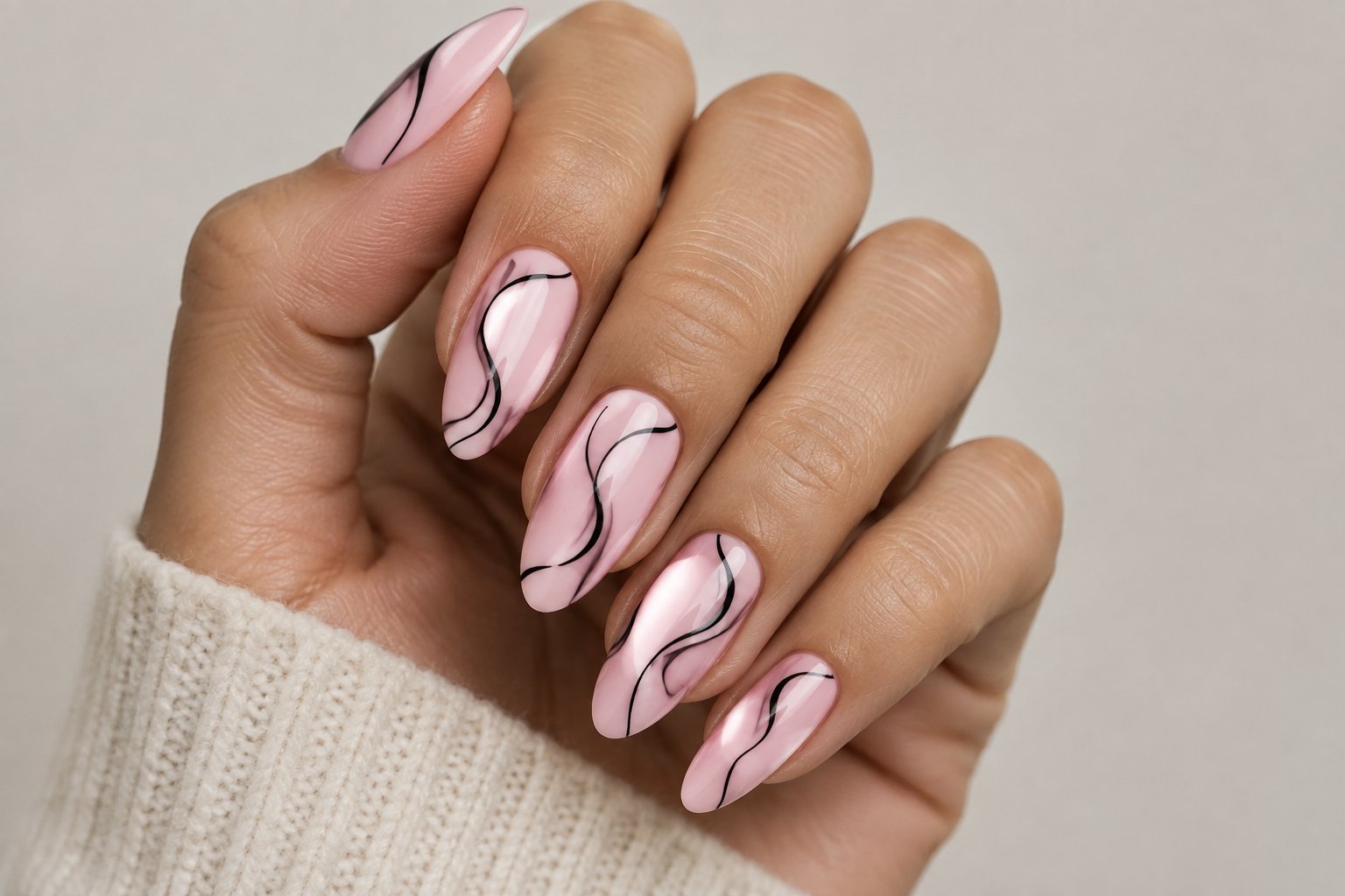 A hand with pastel pink nails decorated with black swirls.
