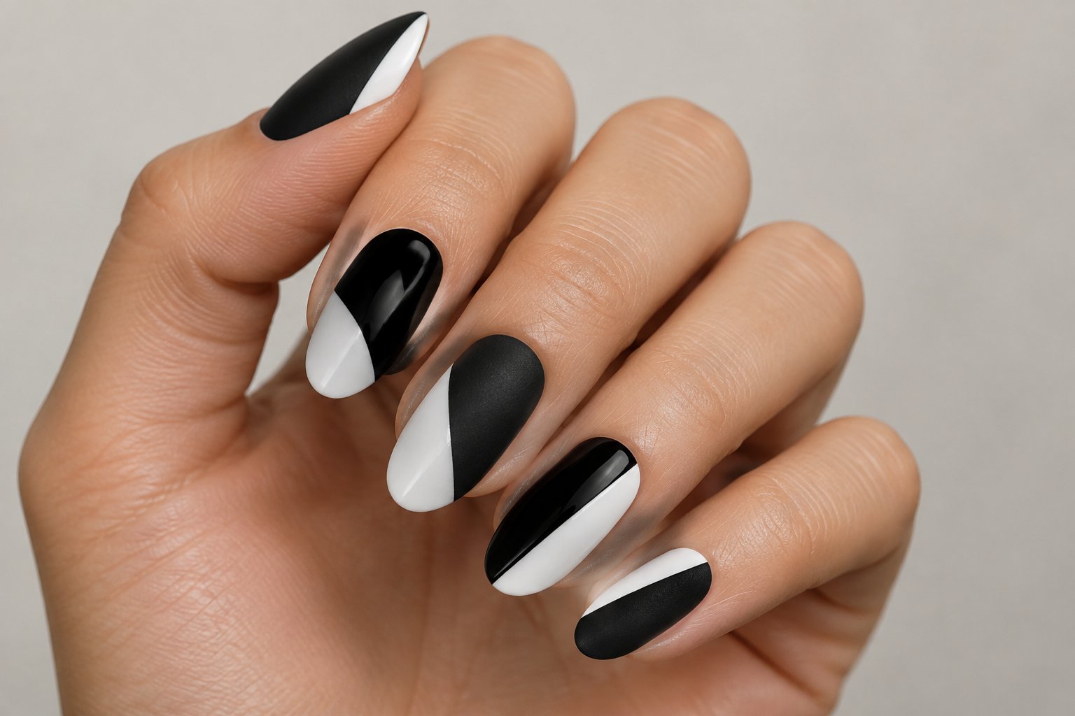 A hand displaying black-and-white geometric nail designs.