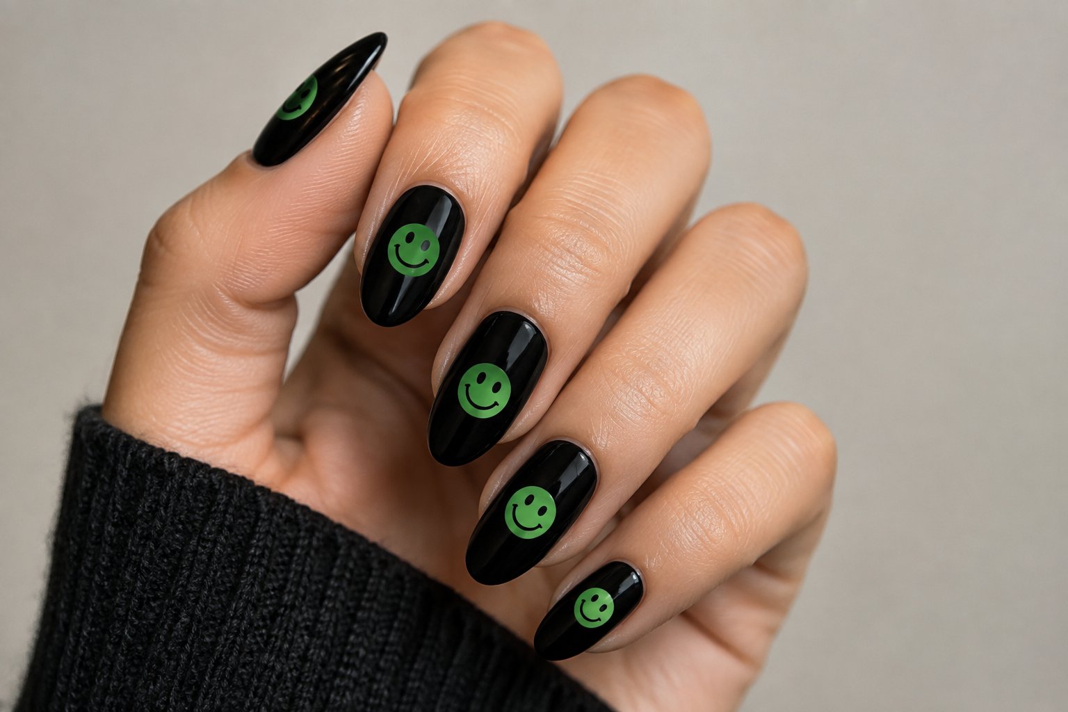 A hand with black nails decorated with green smiley faces.