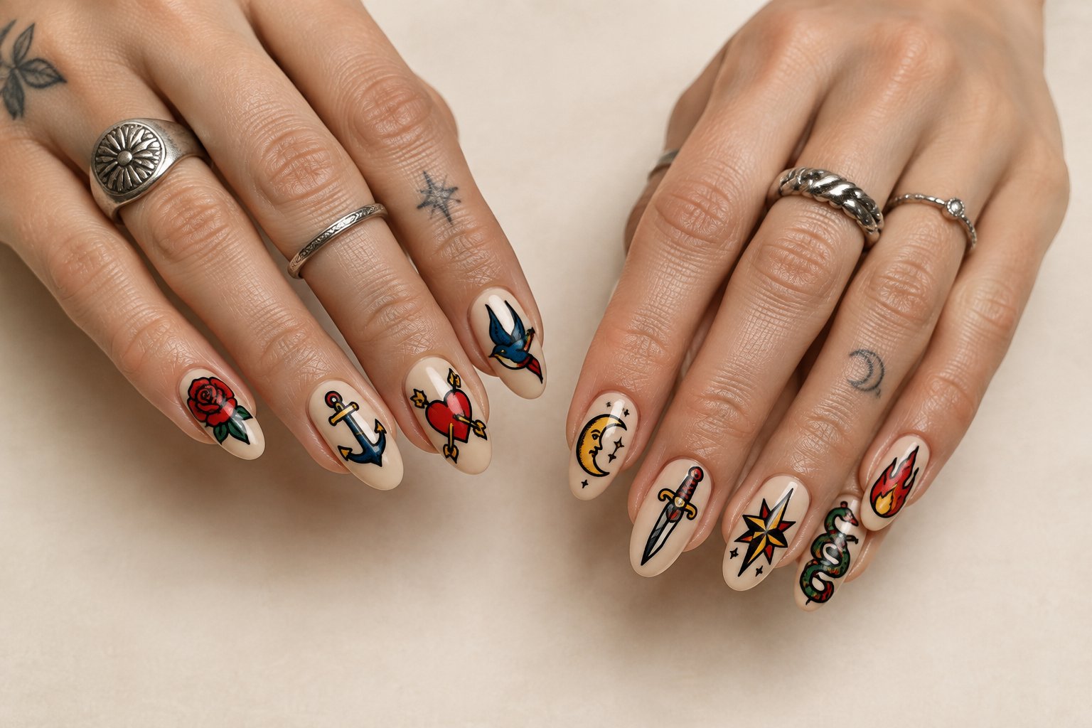 Two hands with colorful designs painted on their nails.