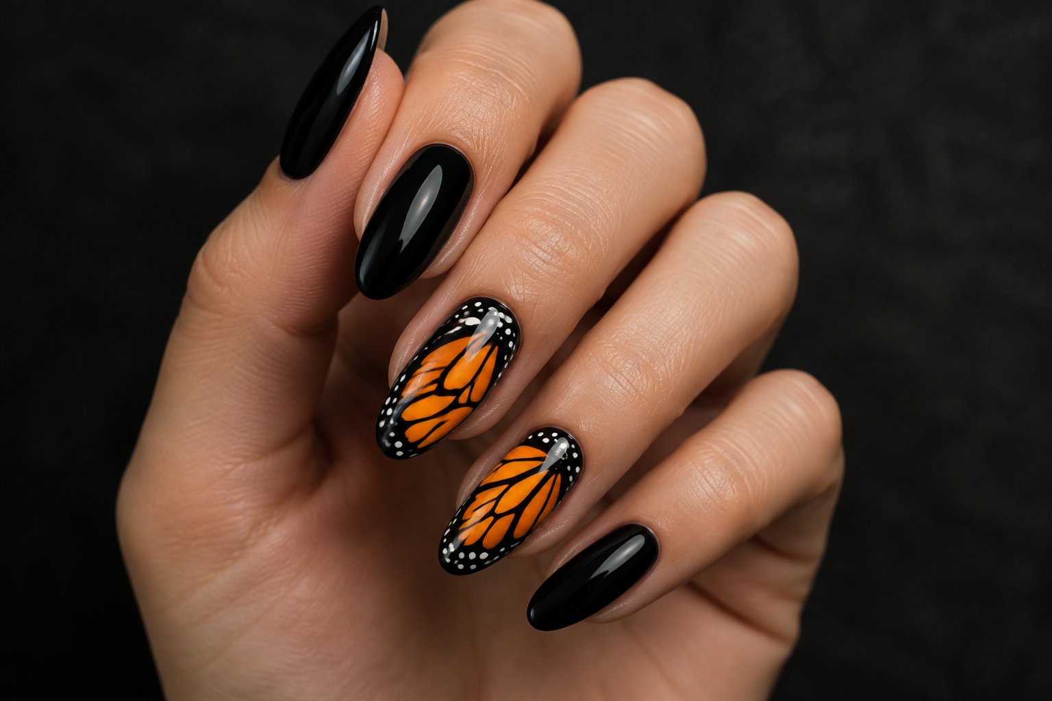 A hand with black nails and orange monarch butterfly wing designs.