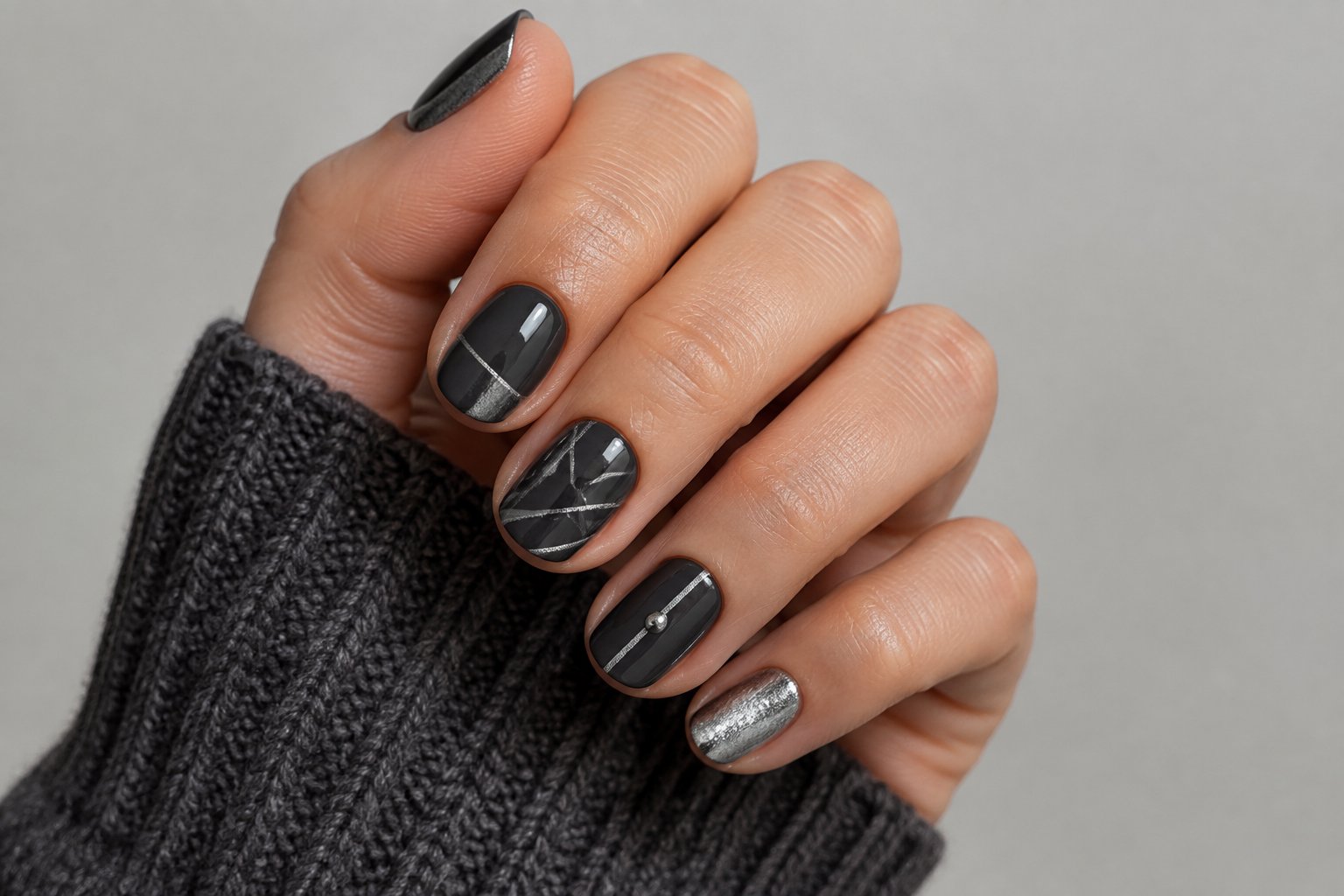 A hand with dark, decorated nails posed against a plain background.