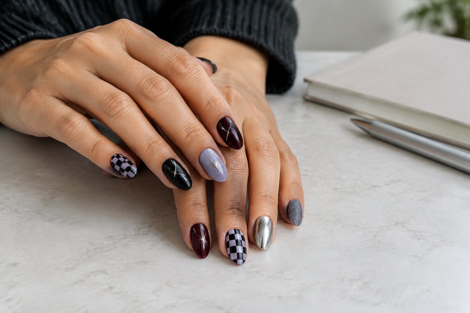 A woman’s hands displaying alternative nail art on a pale tabletop.
