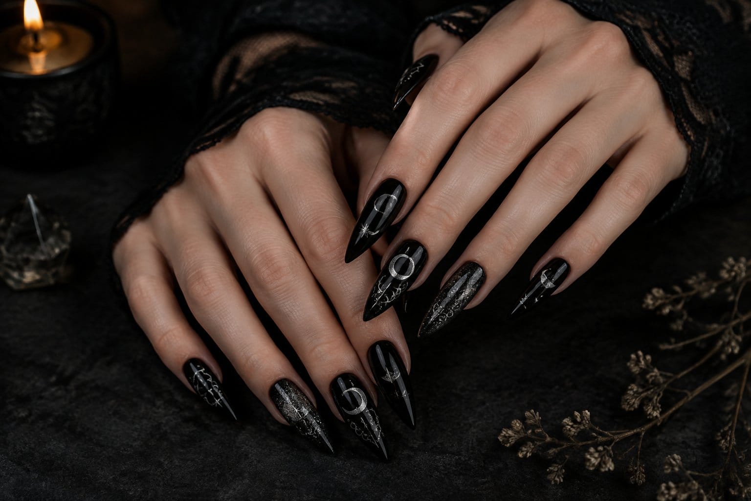 Two hands display long black nails with delicate silver designs.