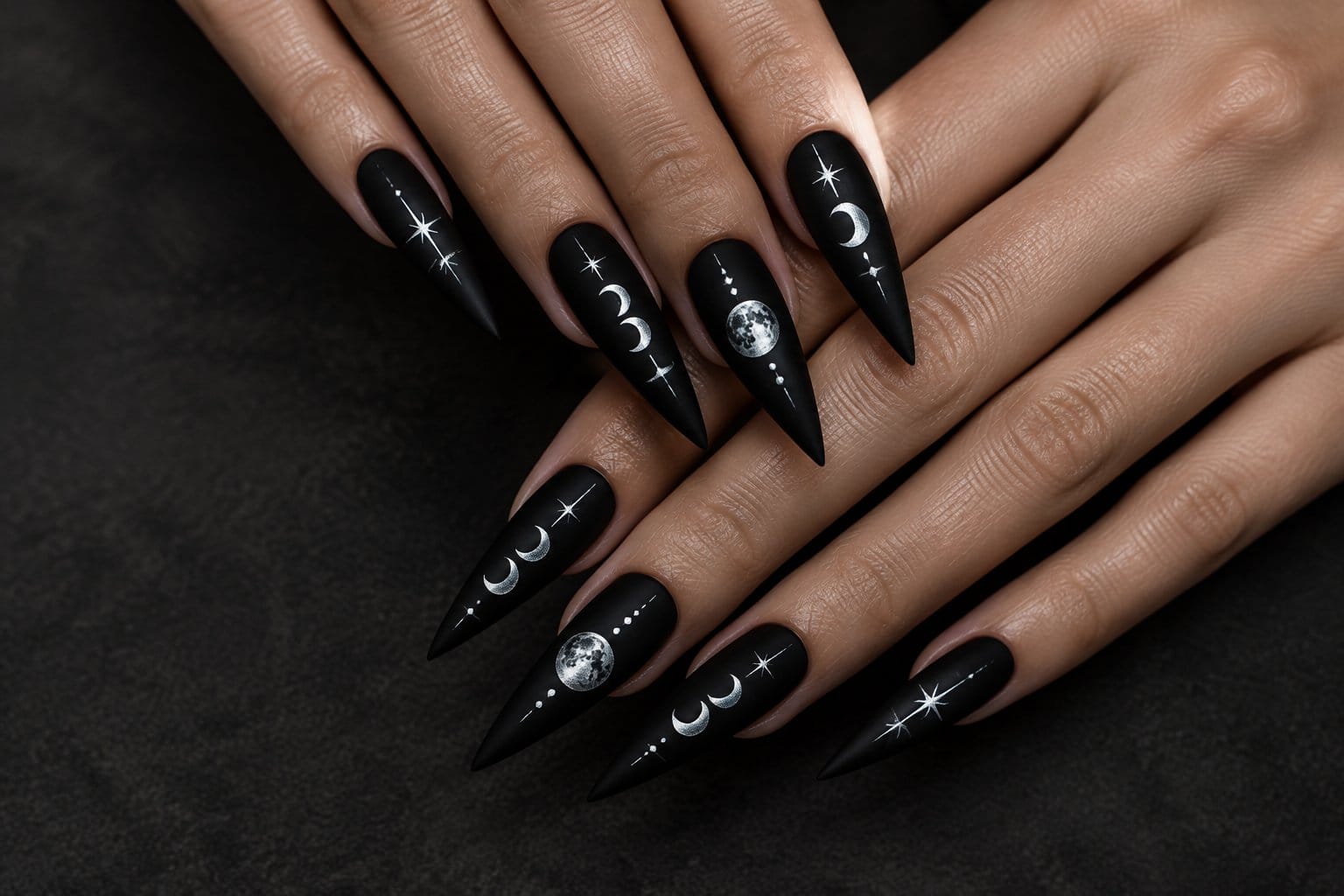 Hands with long black nails decorated with silver moon phases.