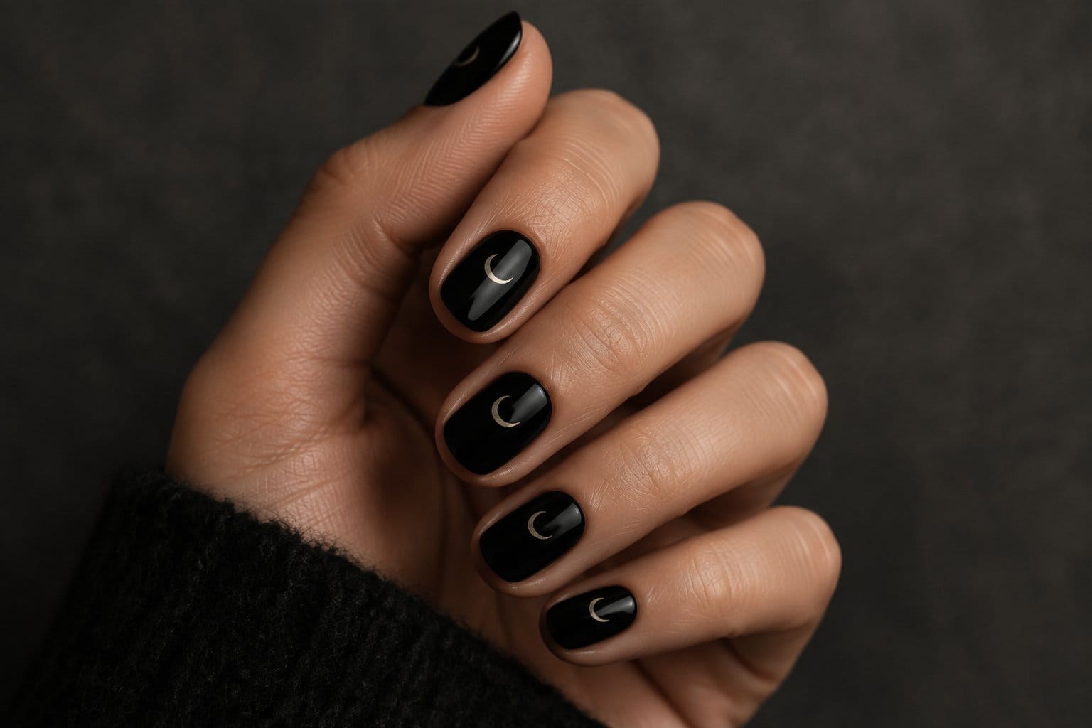 A hand with short black nails decorated with tiny crescent moons.