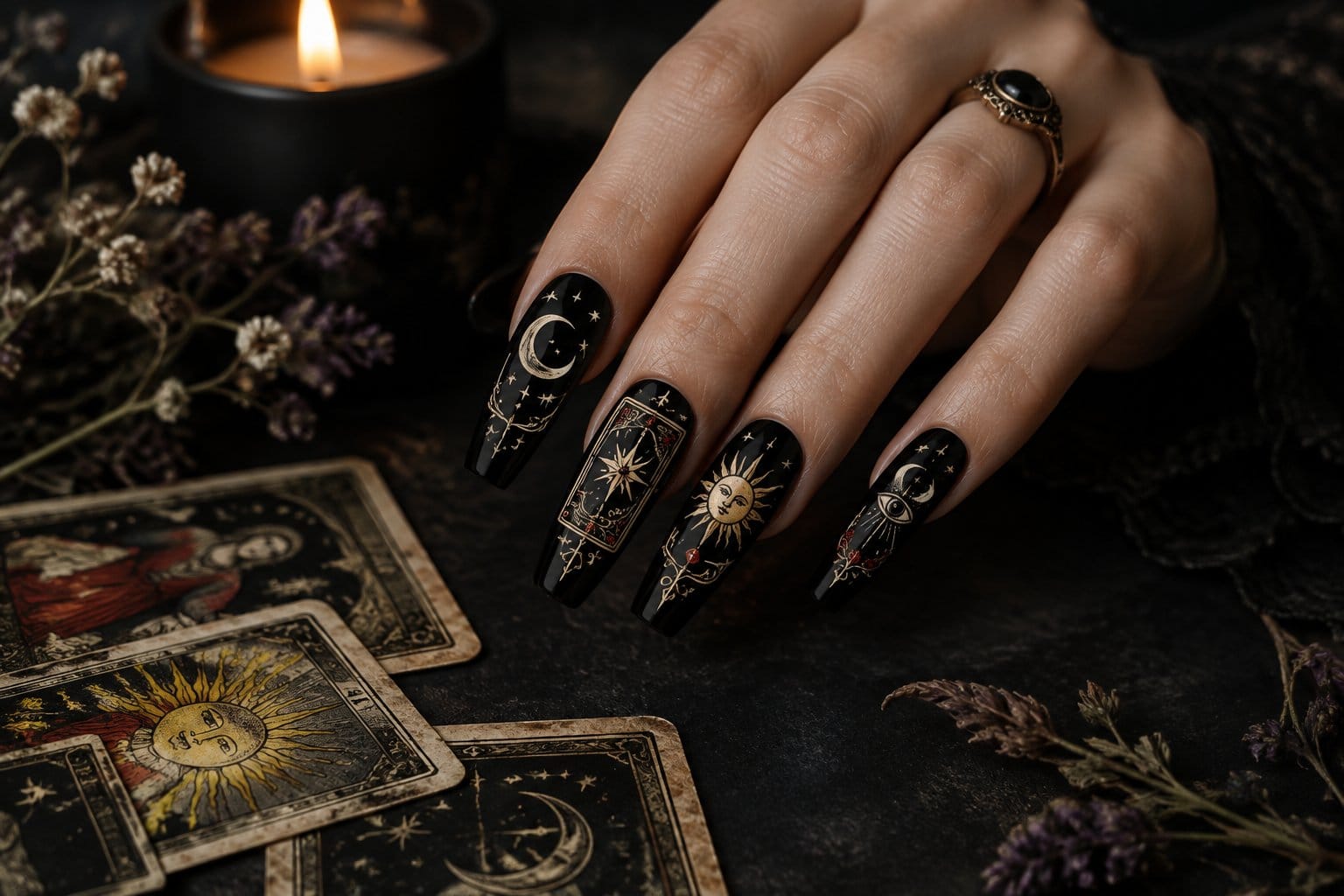 A hand with long black coffin-shaped nails decorated with small mystical designs rests beside tarot cards.