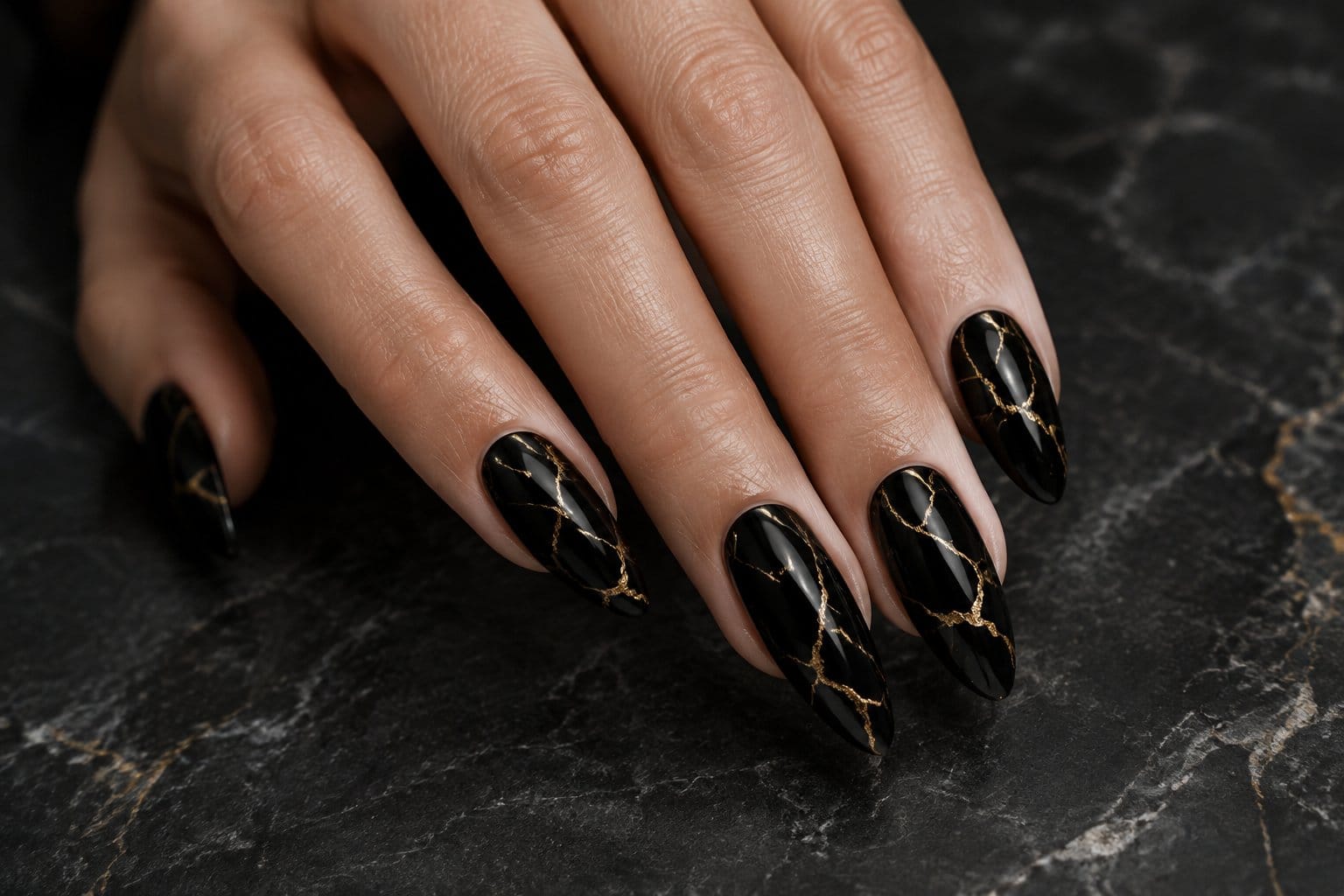 A hand with black nails marked by thin gold veins.
