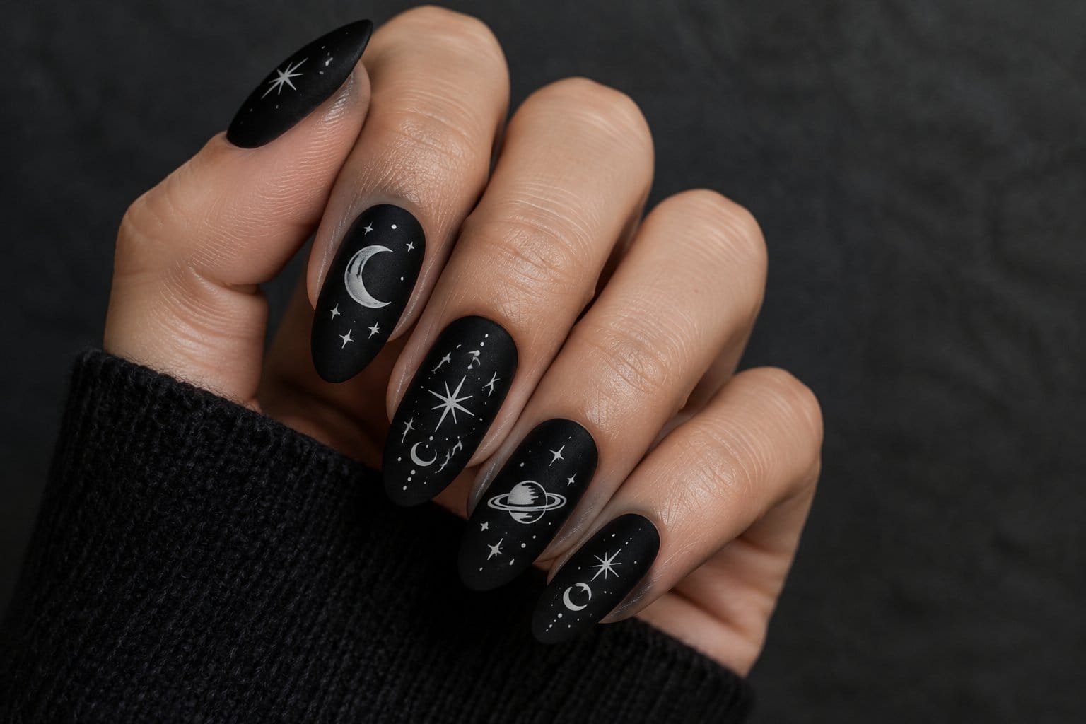 A hand with matte black nails decorated with white moons, stars, and mystical symbols.