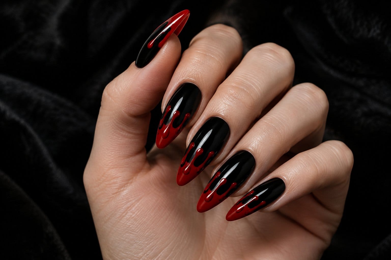 A hand with glossy black nails tipped with red drips.