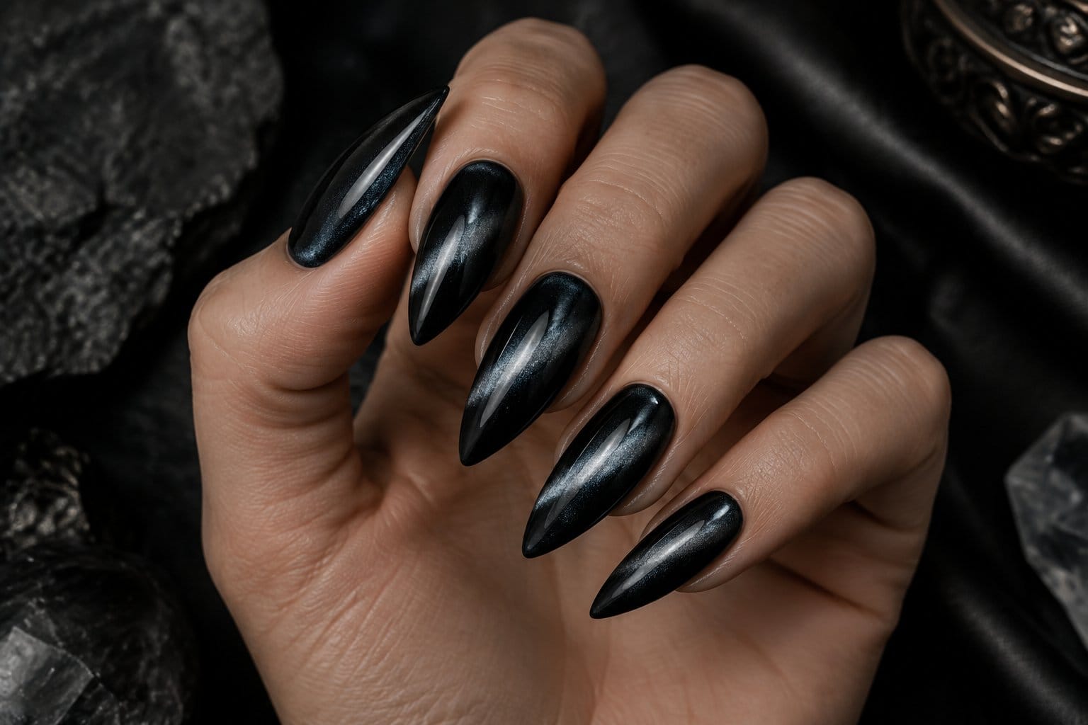 A hand displaying glossy black nails with shimmering silver stripes.