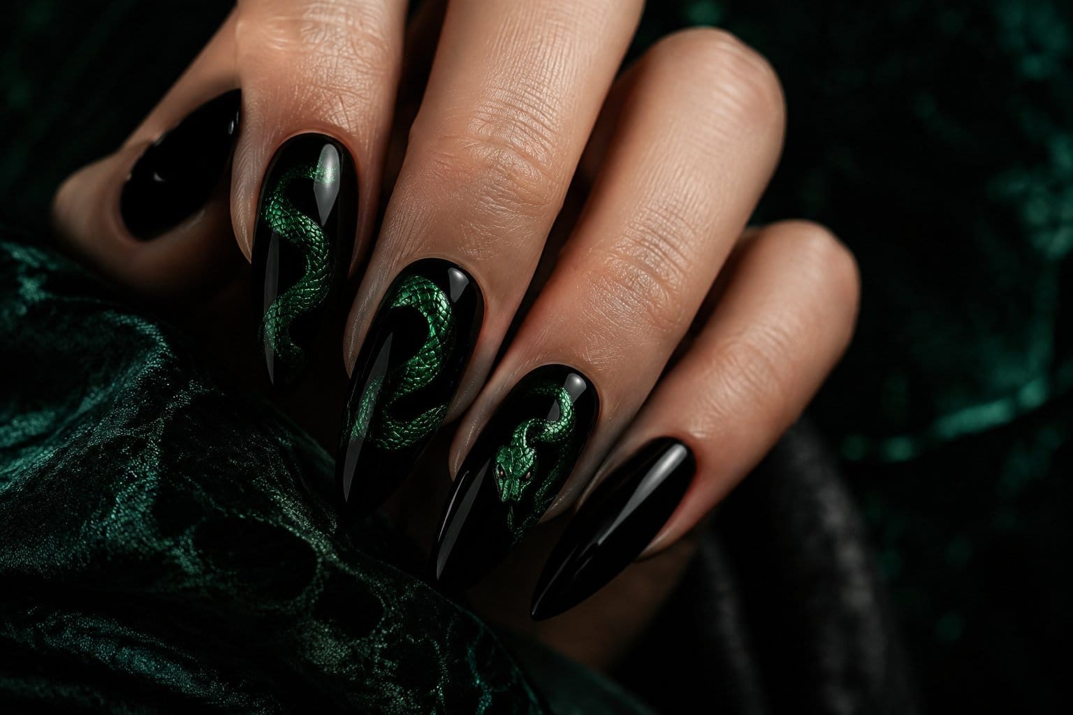 A hand with glossy black nails and emerald-green serpent designs.