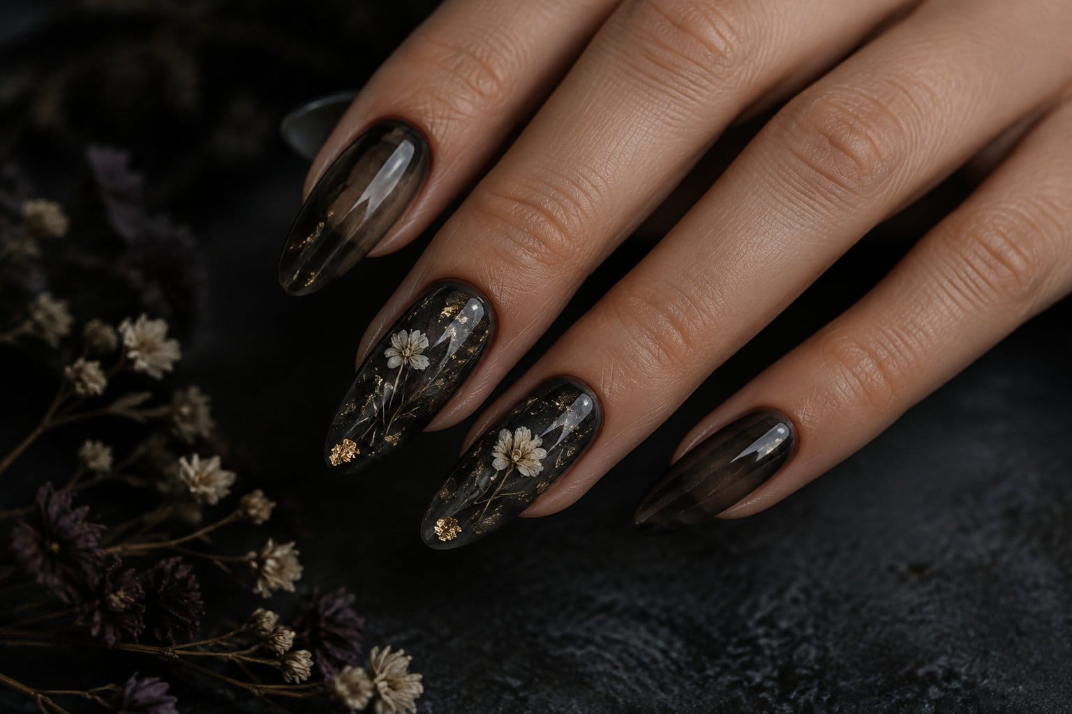 A hand with sheer black nails decorated with small pressed flowers.