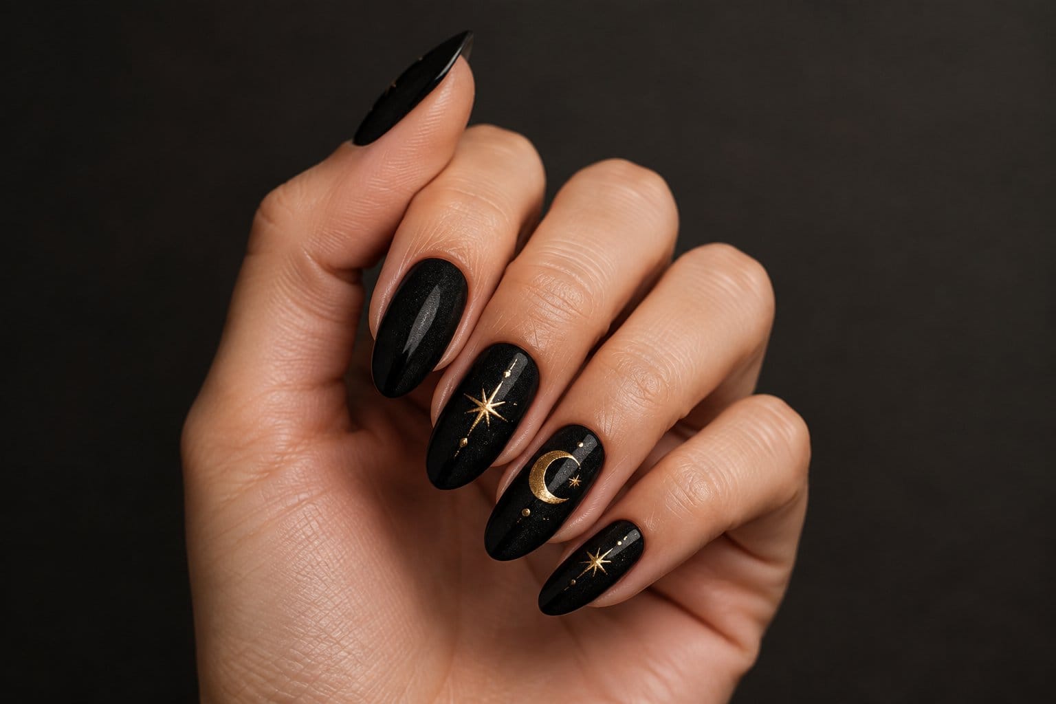 A hand with black nails decorated with small gold moons and stars.