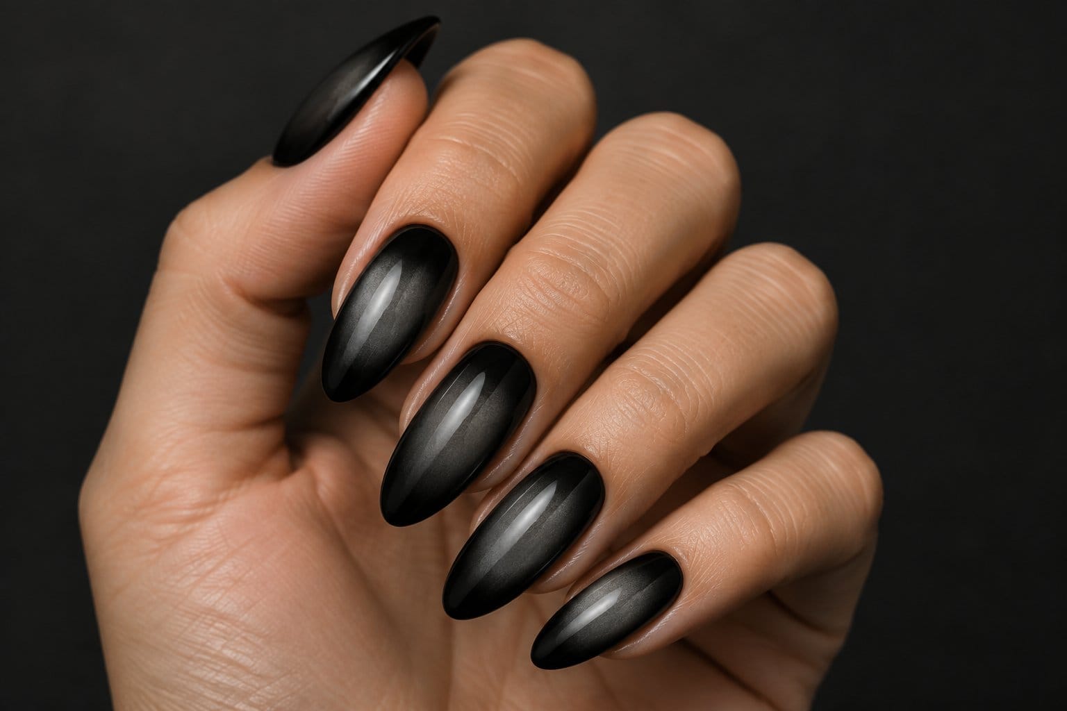 A hand with black nails featuring smoky grey centers.