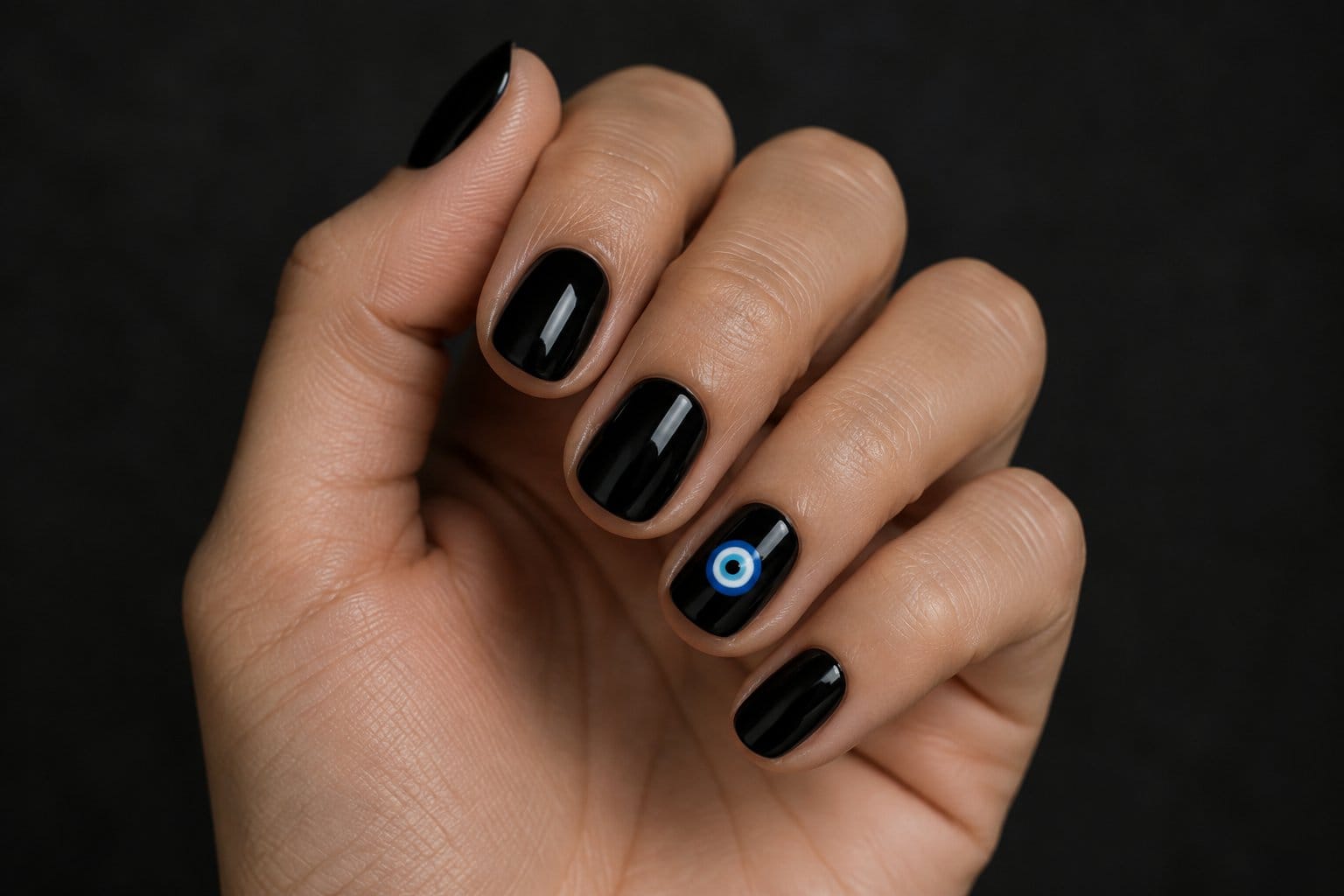 A hand with short black nails and a blue-and-white evil-eye design on one nail.