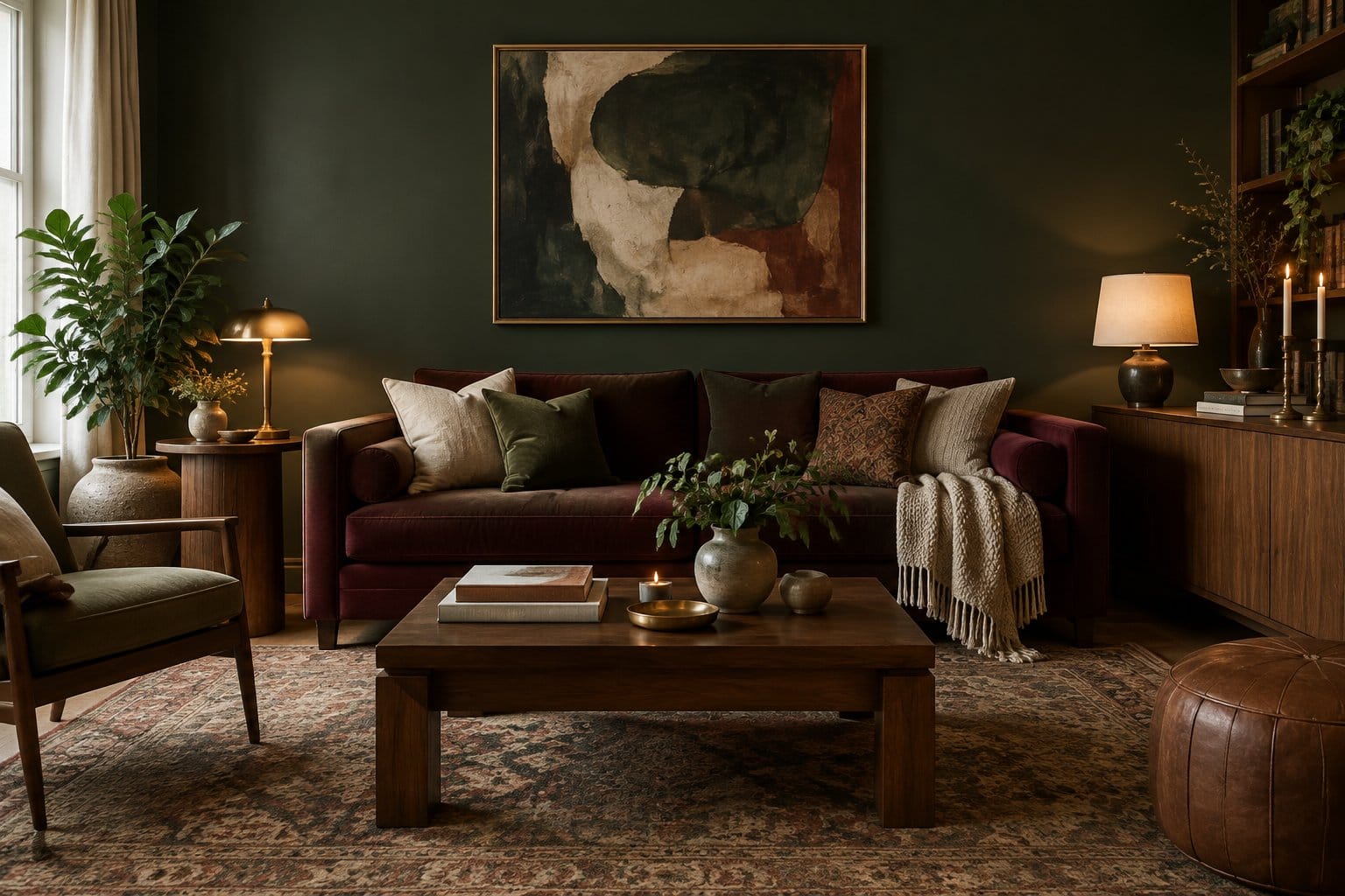 A living room with a sofa, lamps, cushions, a rug, and indoor plants.