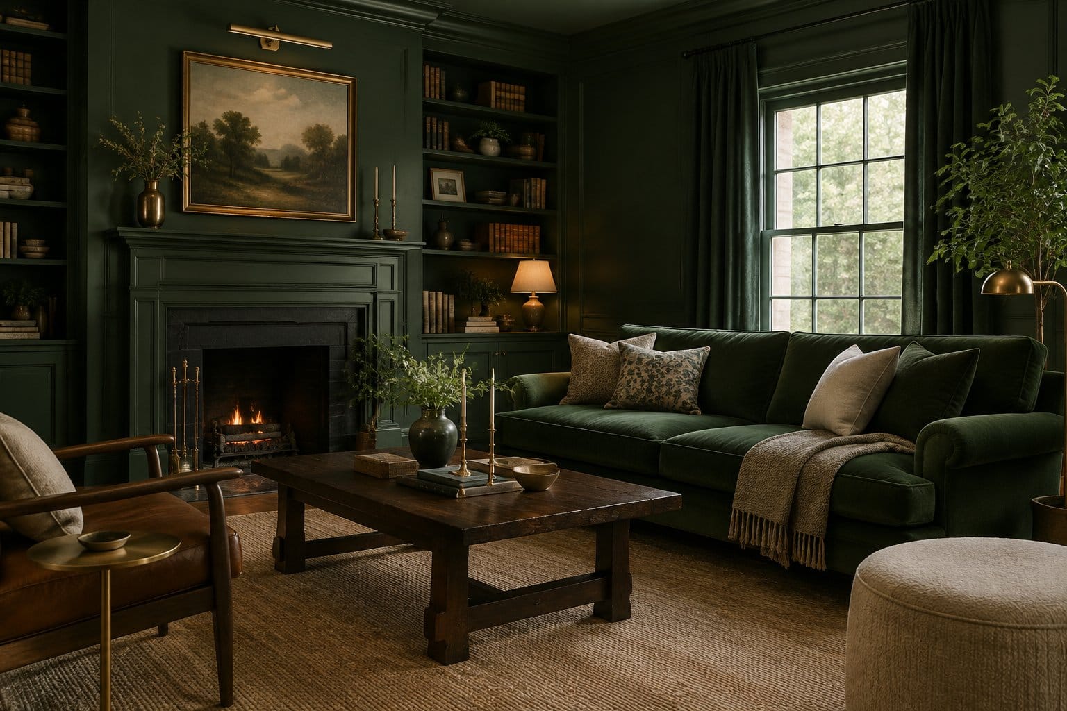 A living room with green walls, a green sofa, and a wooden coffee table.