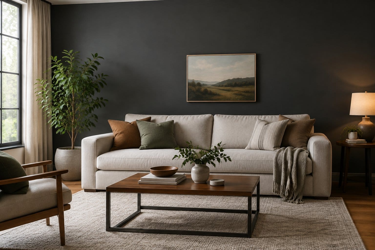 A sofa sits against a charcoal-gray wall in a living room.