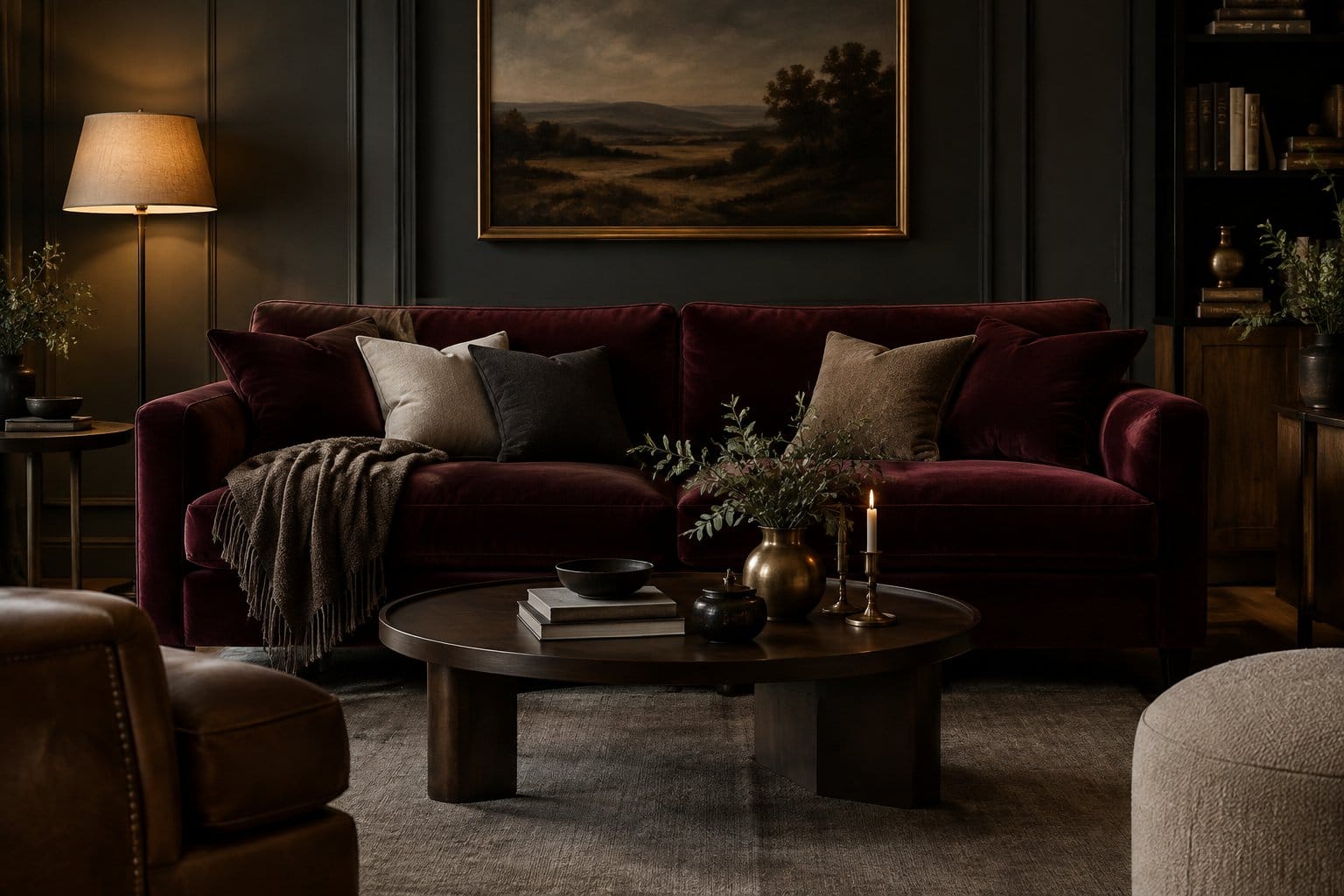 A burgundy velvet sofa in a warmly lit living room.