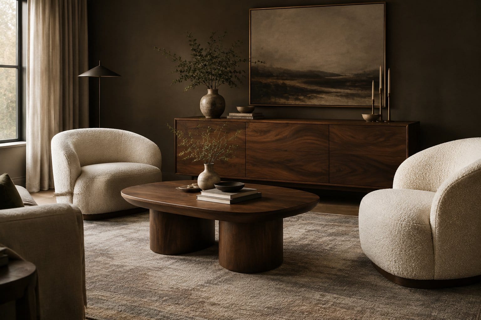 Two cream chairs sit beside a walnut coffee table in a living room.