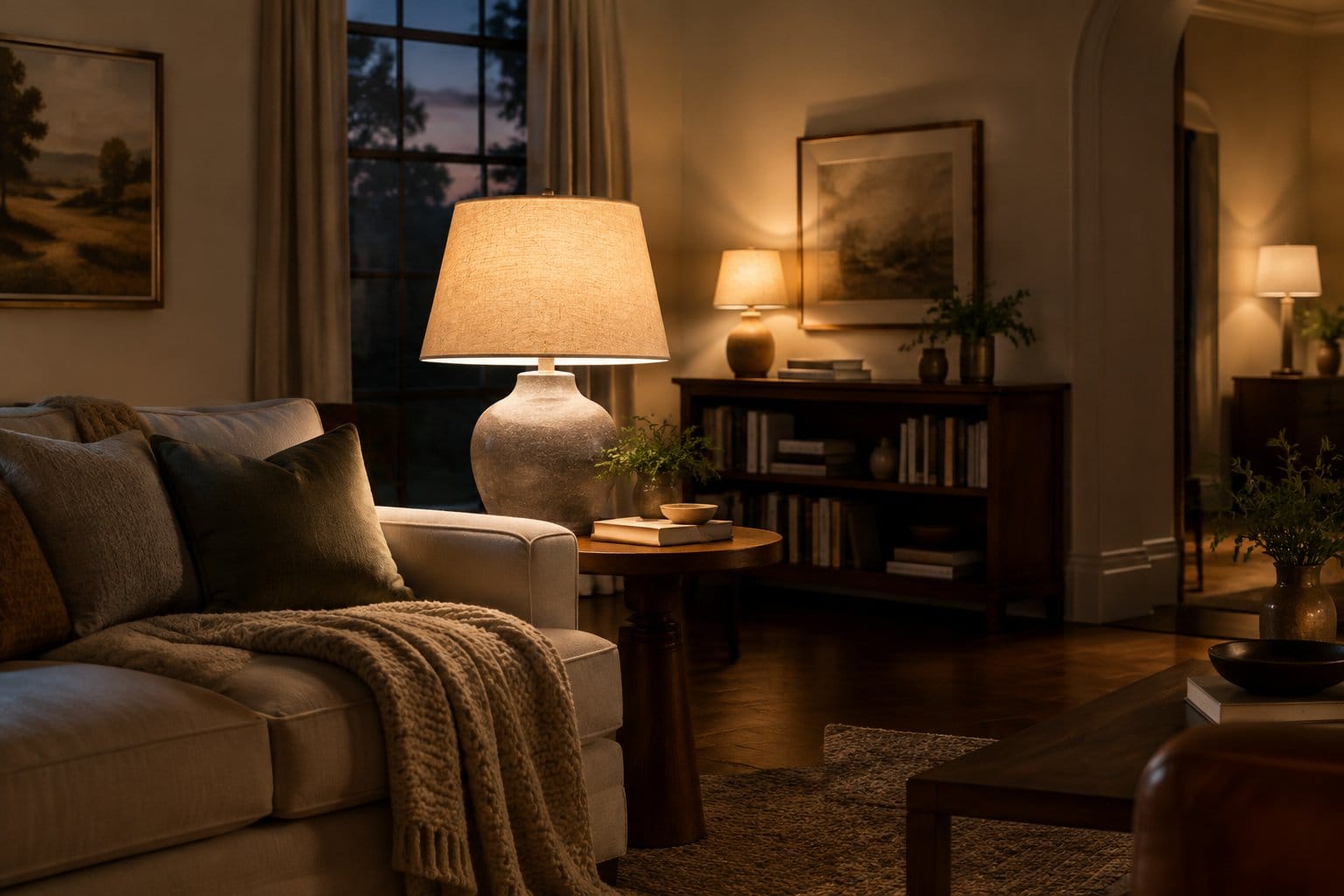 Several glowing table lamps illuminate a living room.