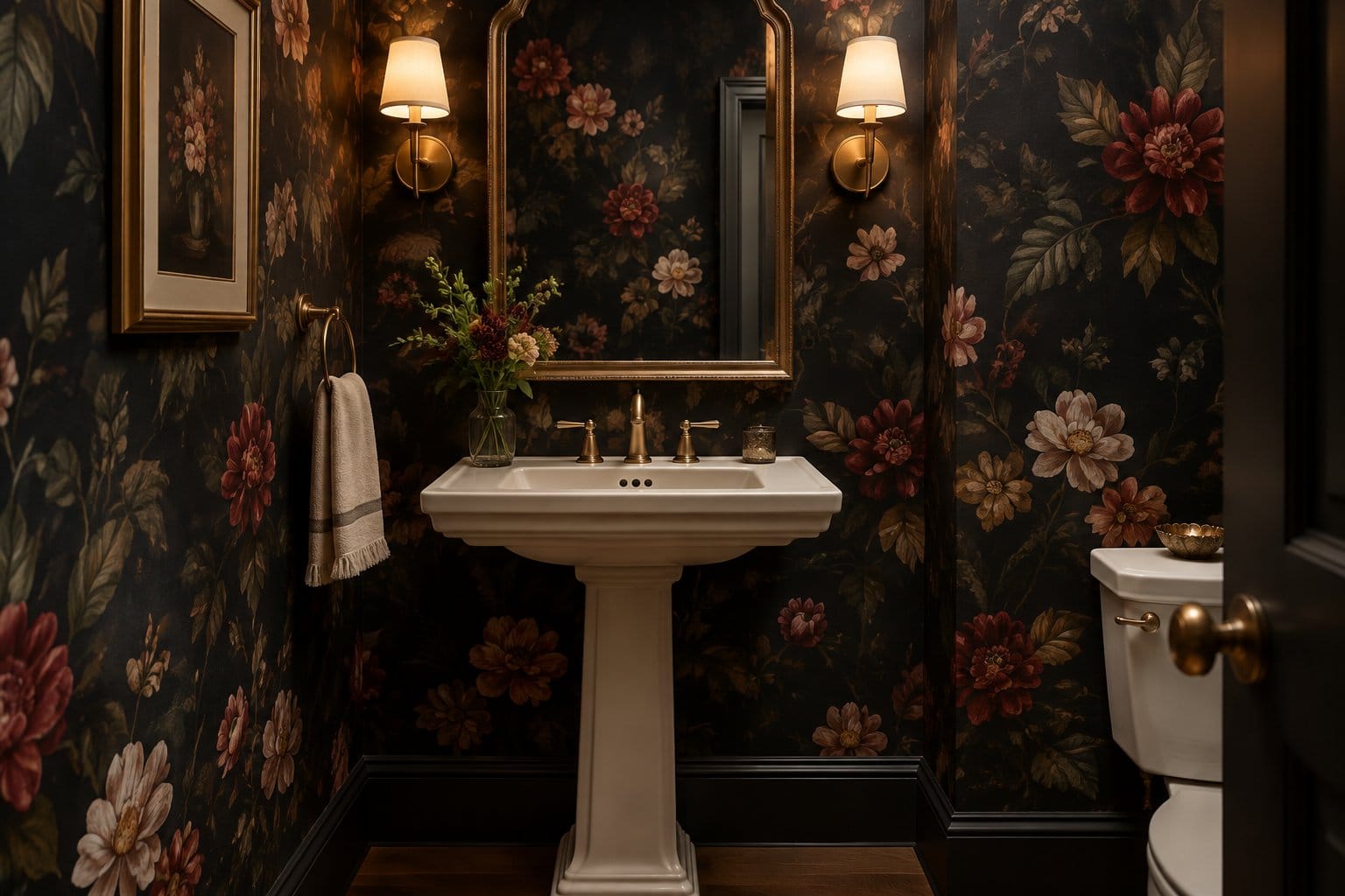 A small powder room with dark floral wallpaper, a sink, and a mirror.