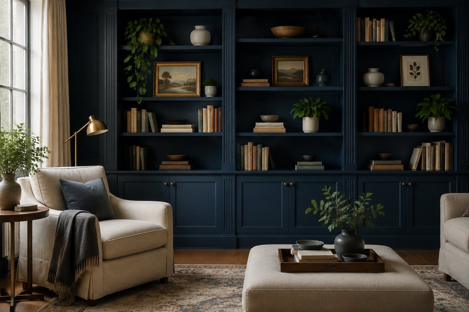 A living room with deep navy built-in bookshelves filled with books and decorative objects.