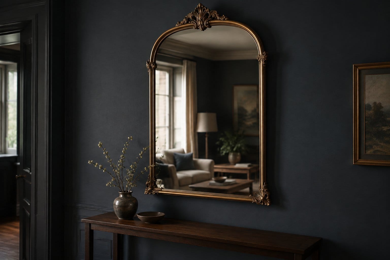 An ornate brass mirror hangs above a console against a dark wall.