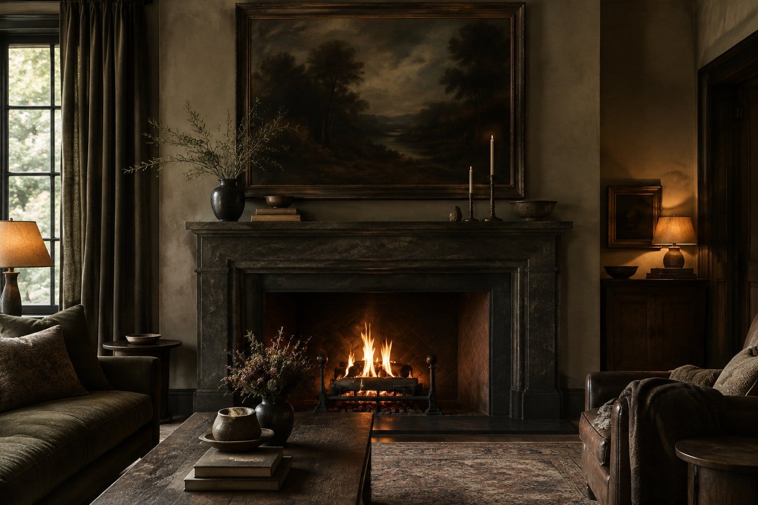 A shadowy painting hangs above a fireplace mantel in a dim living room.