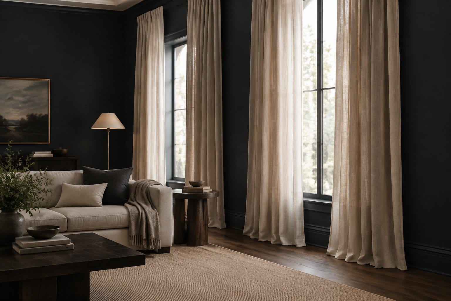 A living room with dark walls and oatmeal curtains hanging to the floor beside tall windows.