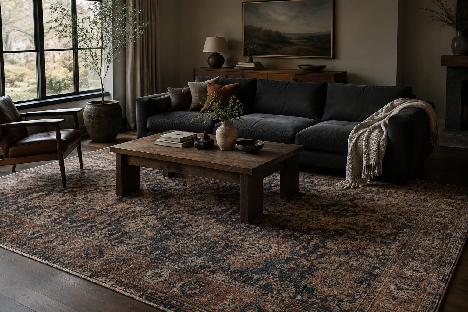 A rust-and-navy rug beneath a sofa in a living room.