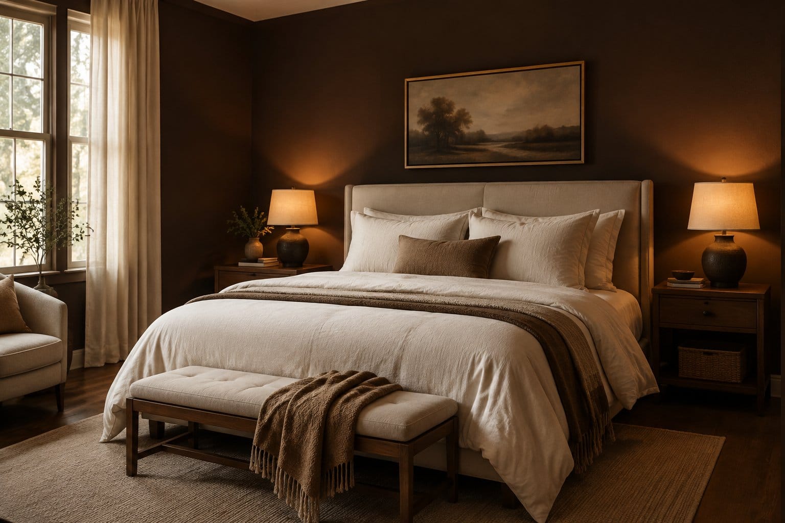 A bedroom with chocolate-brown walls, ivory bedding, bedside tables, and softly glowing lamps.