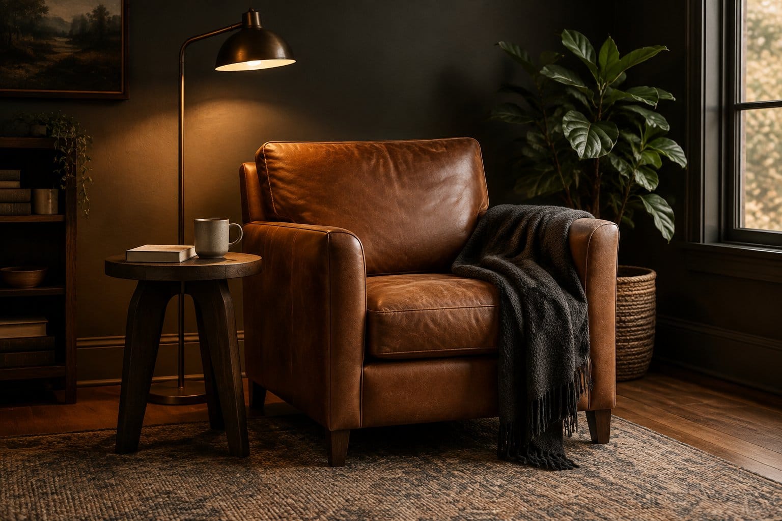 A cognac leather armchair sits beside a side table and floor lamp in a reading nook.
