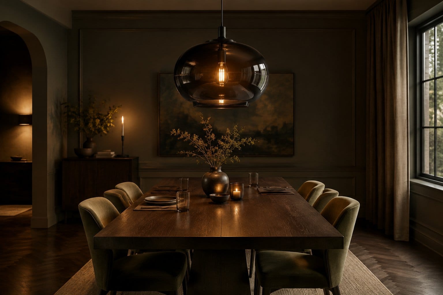 A smoked-glass pendant hangs above a dining table in a dimly lit room.