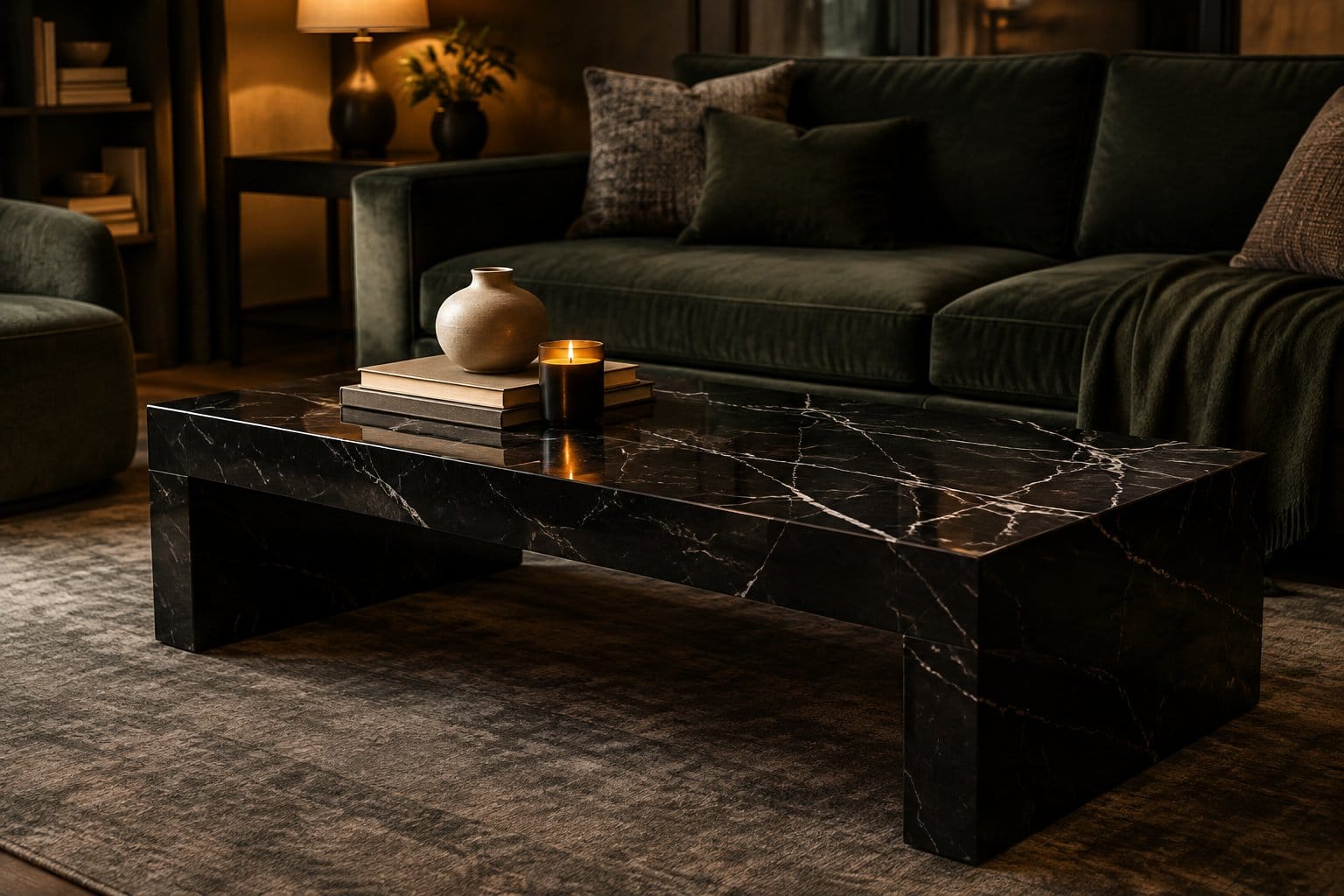 A black marble coffee table with white veining in a living room.