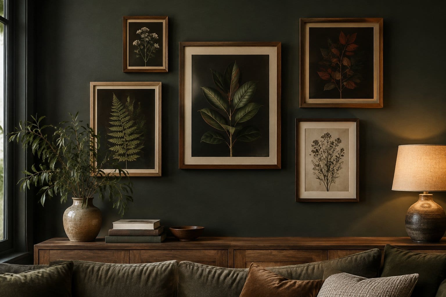 Botanical prints in varied wood frames hang above a living room console.