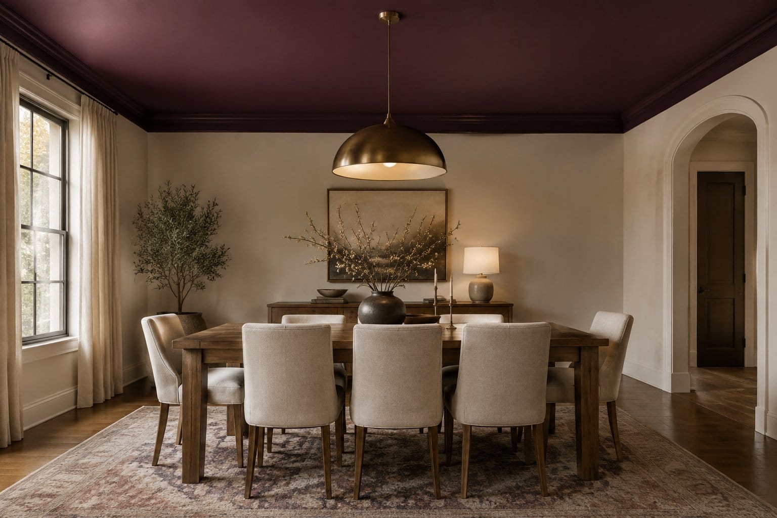 A dining room with a deep plum ceiling, a wooden table, and upholstered chairs.