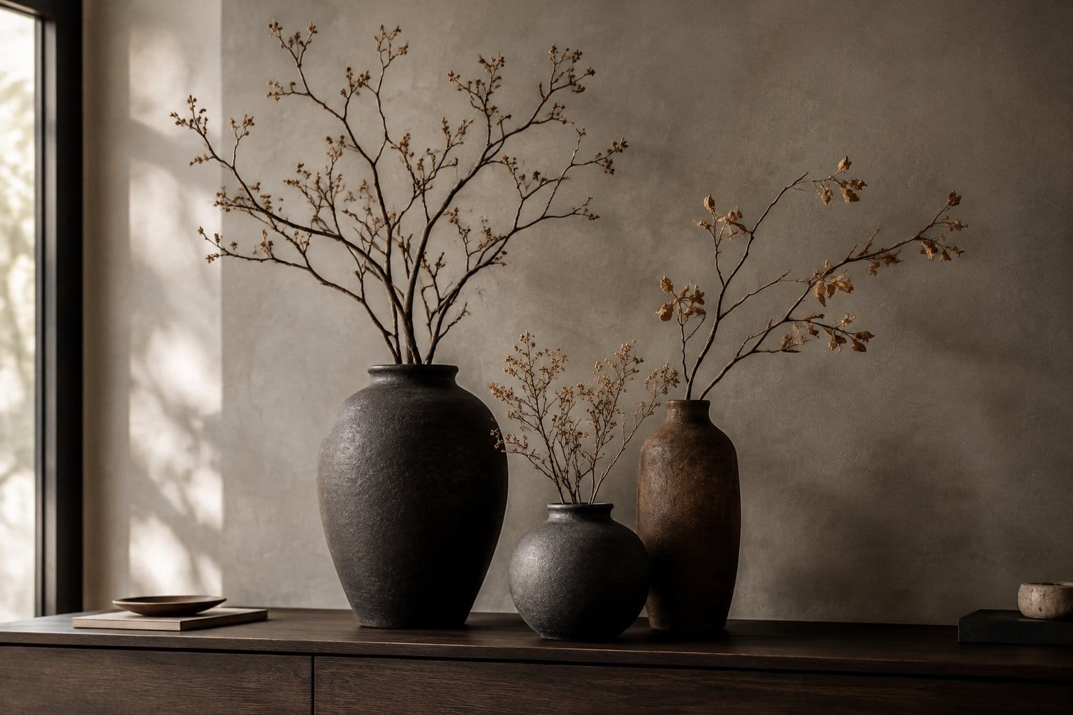 Dried branches arranged in dark ceramic vases on a wooden console.