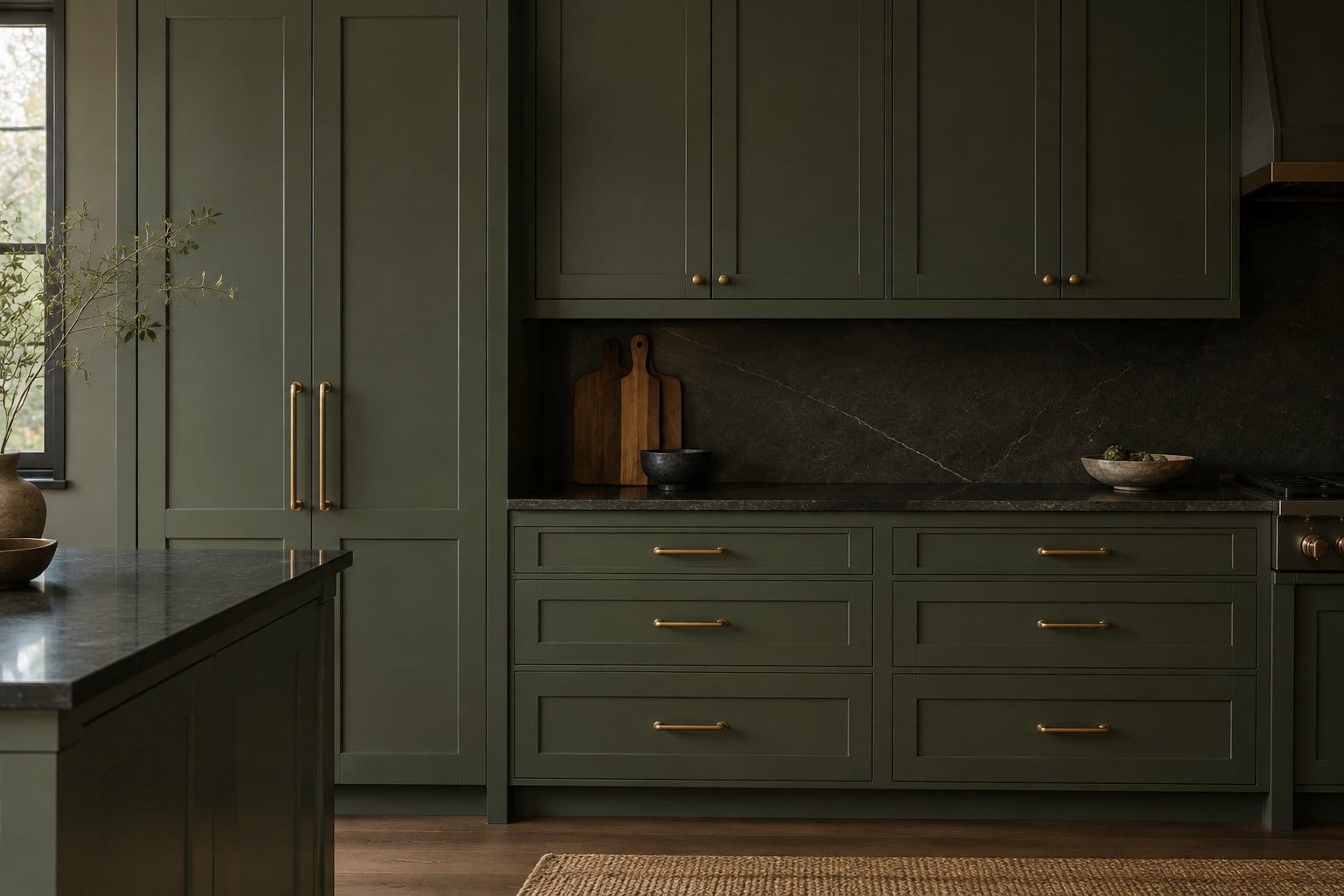 Moss-green kitchen cabinets with brass pulls beneath a dark countertop.