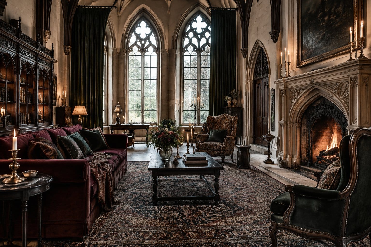 A furnished living room with tall windows, a fireplace, sofas, chairs, and decorative objects.