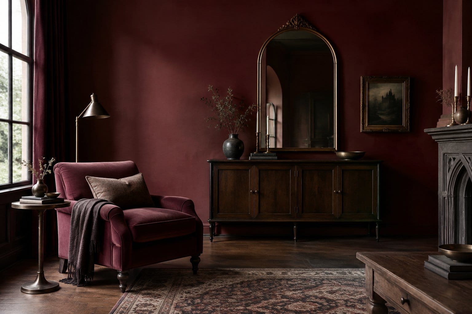 A living room with a burgundy wall, an armchair, and a side table.