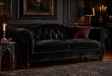 black velvet couch in living room