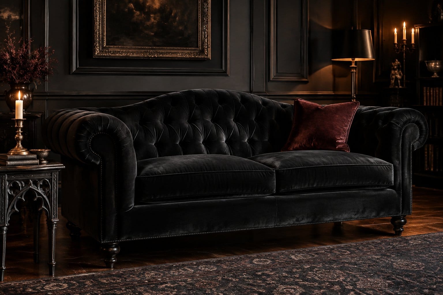 black velvet couch in living room