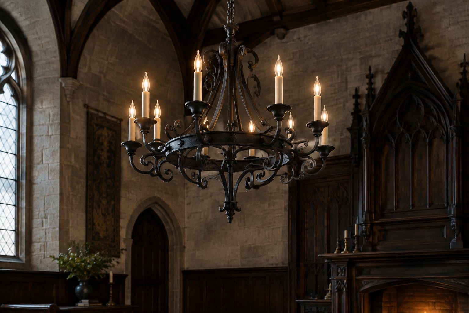 A black chandelier hangs from the ceiling in a furnished room.