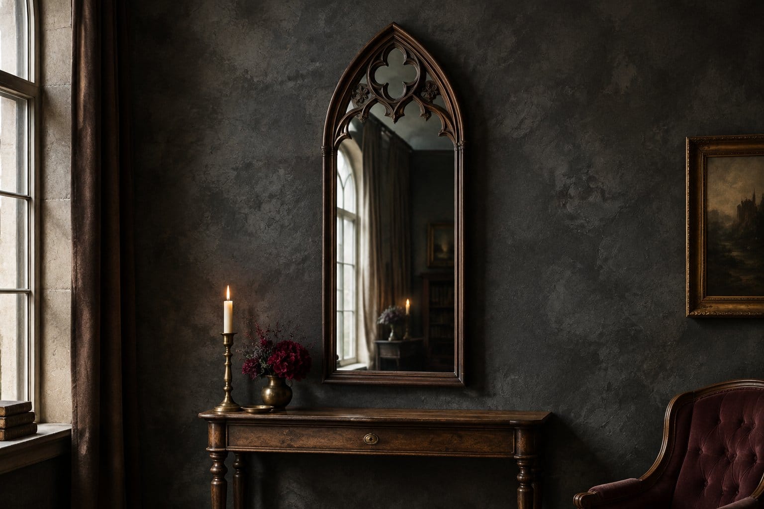A tall arched mirror hangs above a console table.