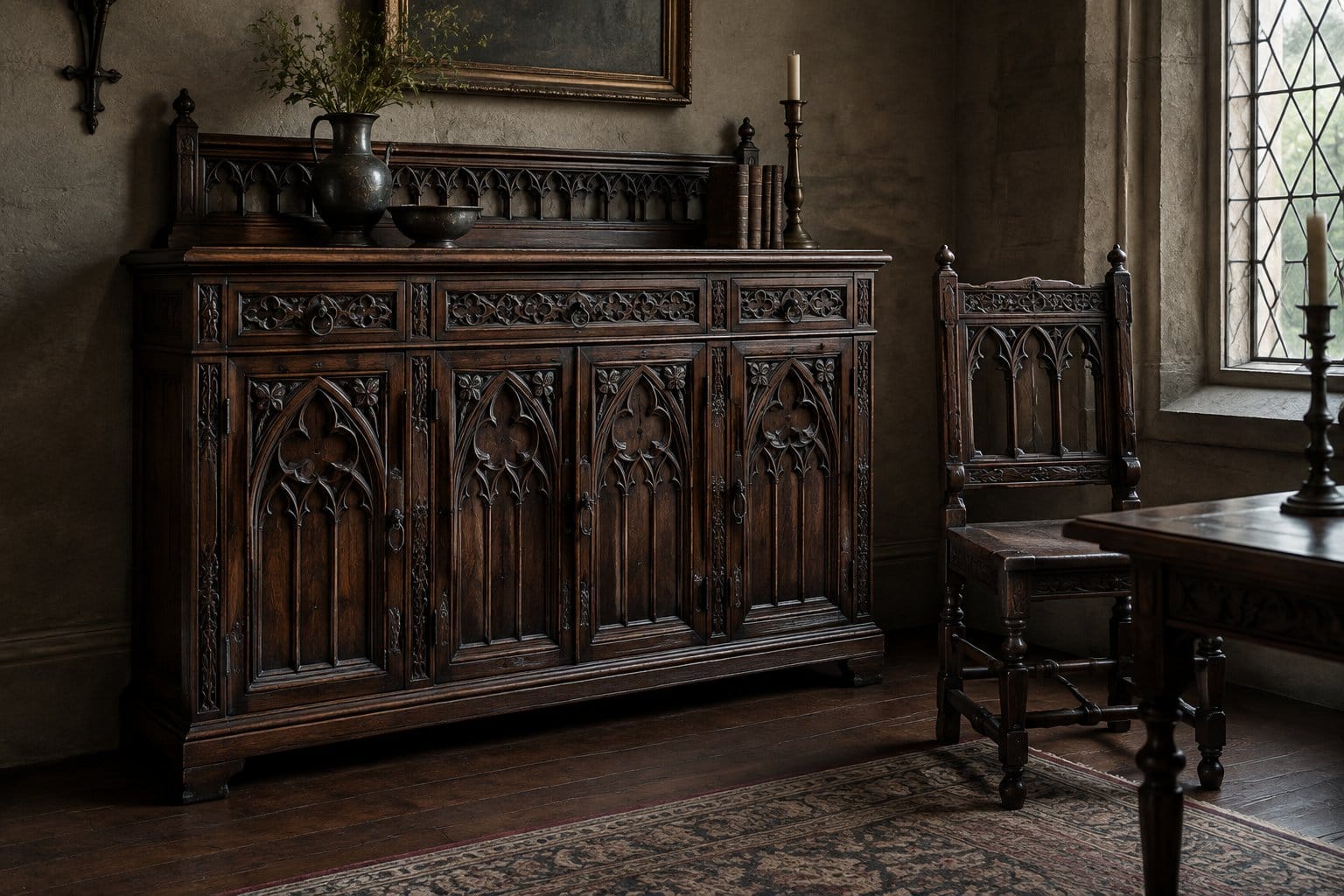 A dark wooden cabinet and chair in a furnished room.