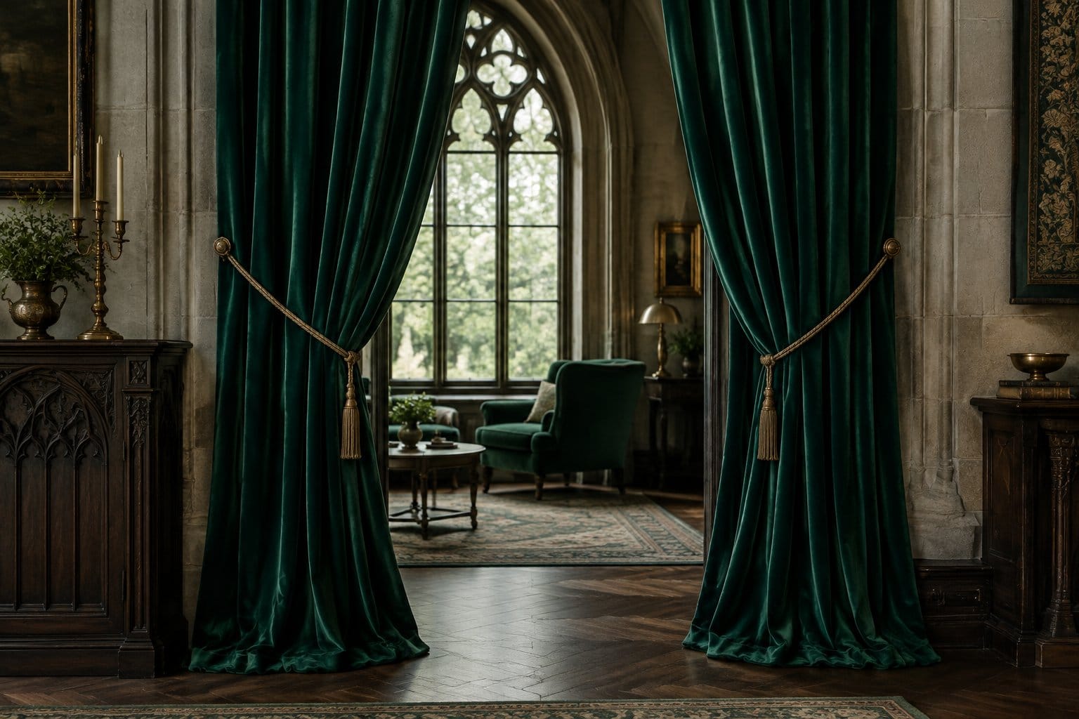 Green curtains hang beside a tall window in a dimly lit room.